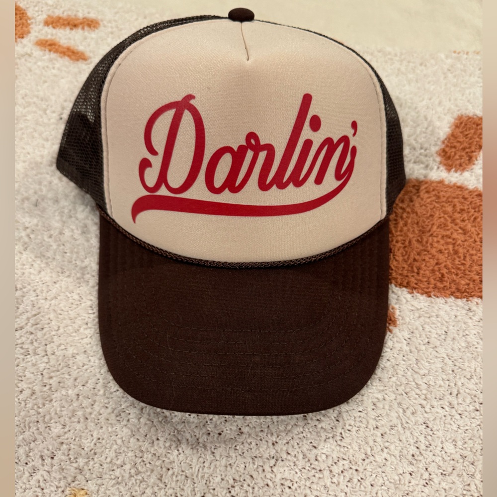 Brown and Cream Trucker Hat with Red 'Darlin' Print